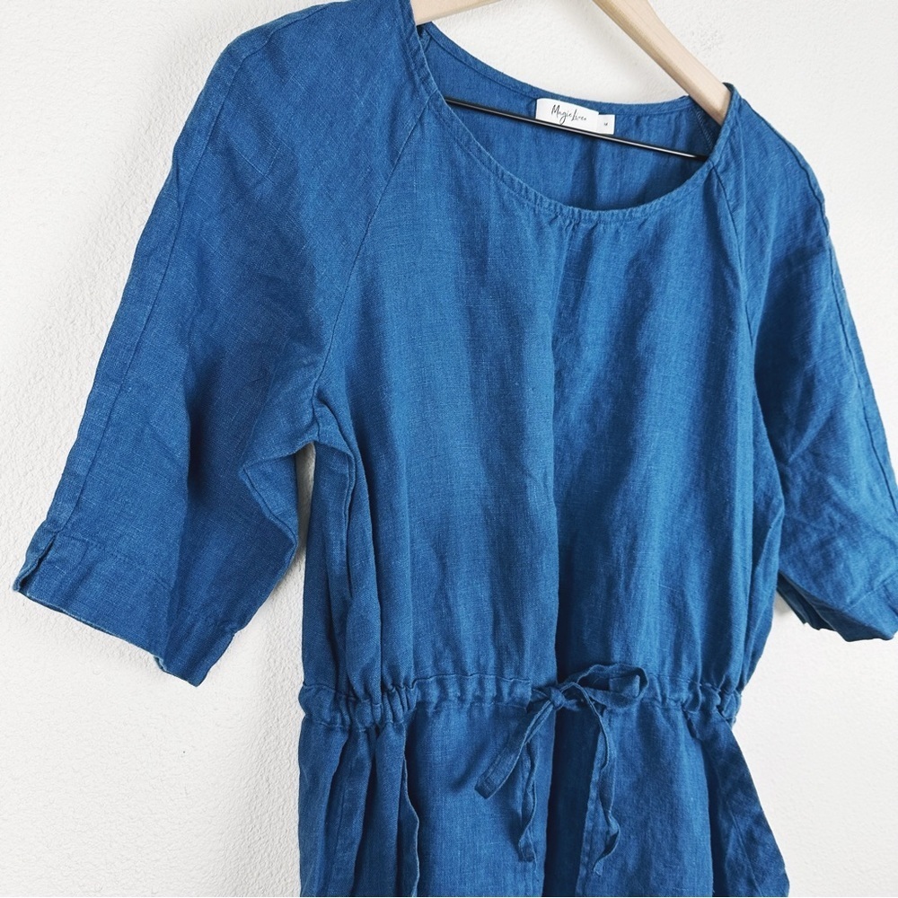 Indigo Magic Linen Drawstring Midi Dress - Picture 3 of 7
